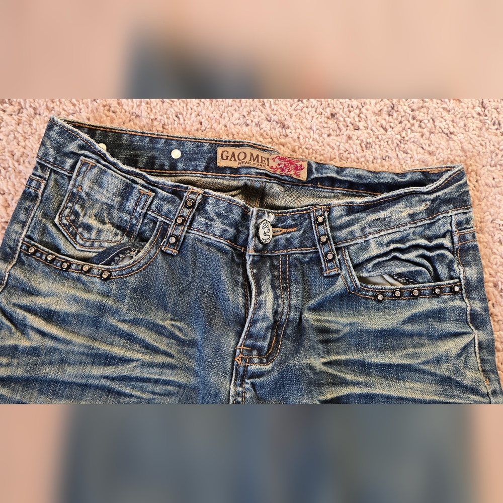 GAOMEI Jeans Women’s Size 27 Studded Embroidered Y2K Low Rise Bootcut Distressed